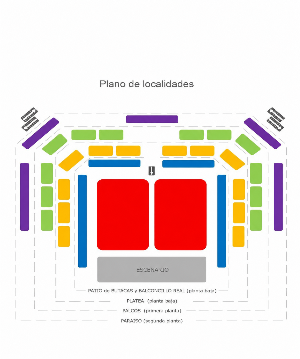 Plano de localidades del Teatro Real Carlos III de Aranjuez: patio de butacas y balconcillo real en planta baja, platea en planta baja, palcos en primera planta y paraíso en segunda planta