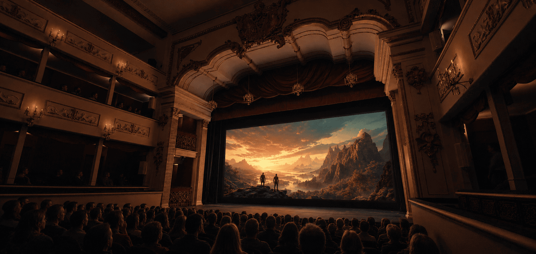 Pantalla de cine desplegada sobre el escenario del Teatro Real Carlos III de Aranjuez